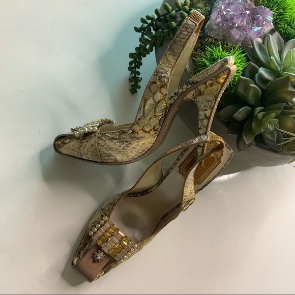 Vintage Christian Dior python square toe Jeweled gold sling back stiletto - Picture 16 of 16